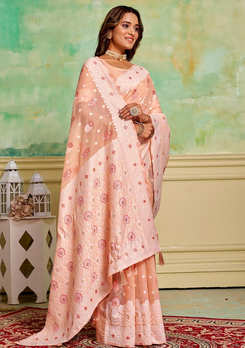 Peach Zari Woven Cotton Saree Set
