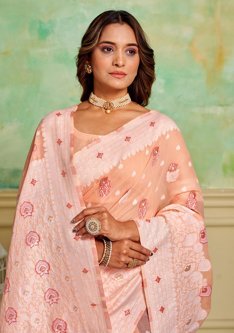 Peach Zari Woven Cotton Saree Set