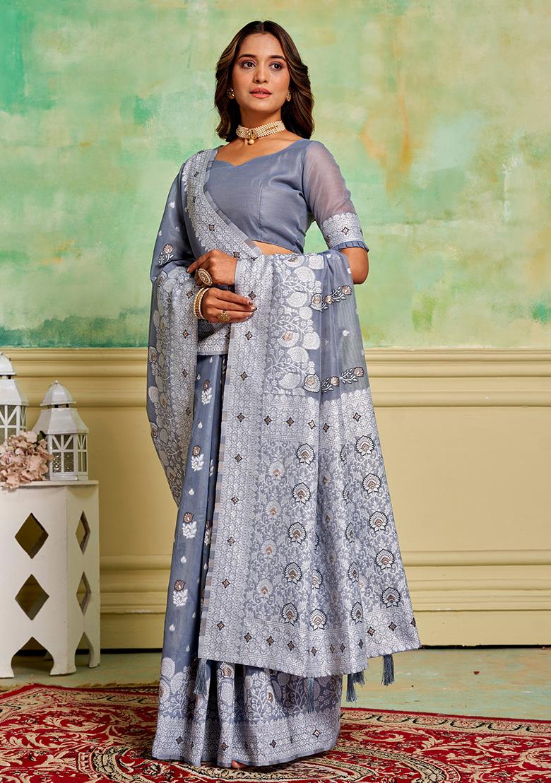Grey Zari Woven Cotton Saree Set