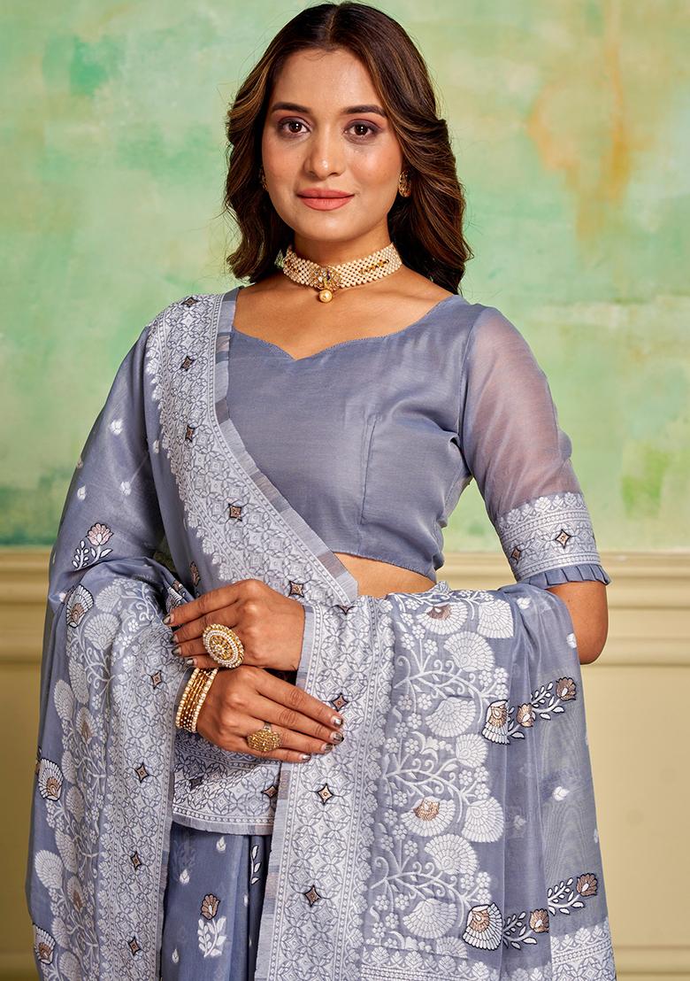 Grey Zari Woven Cotton Saree Set