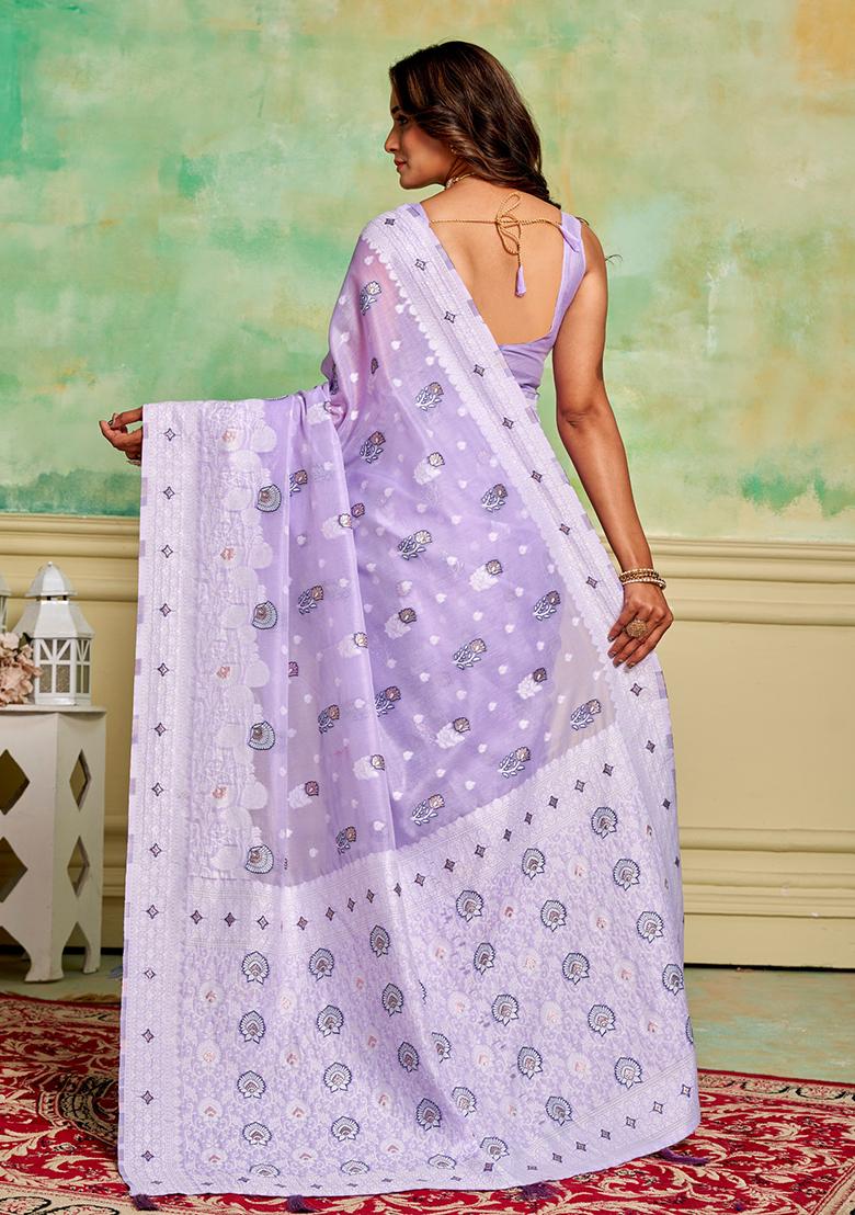 Lavender Zari Woven Cotton Saree Set