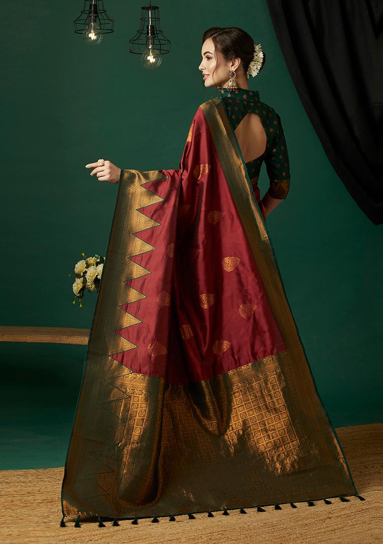 Maroon Zari Woven Silk Saree Set