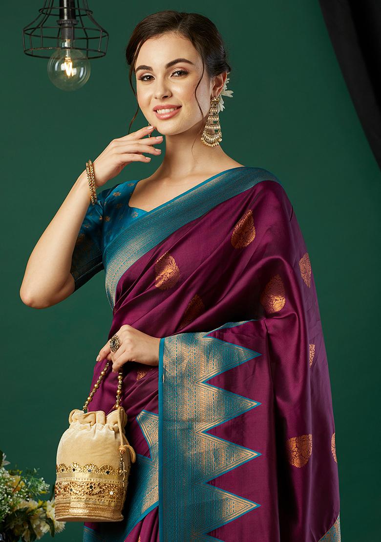 Wine Zari Woven Silk Saree Set