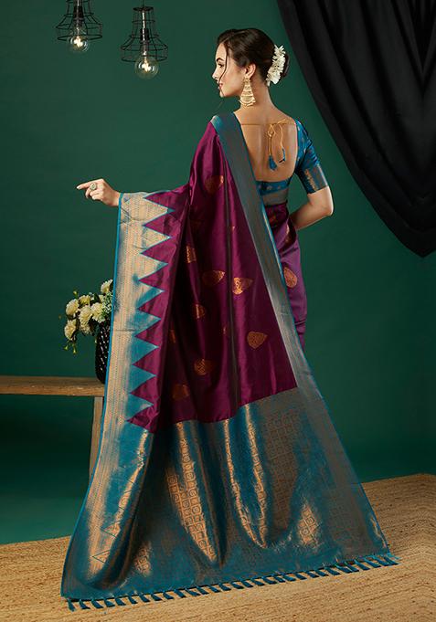 Wine Zari Woven Silk Saree Set