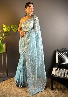 Grey Sequin Work Net Saree Set
