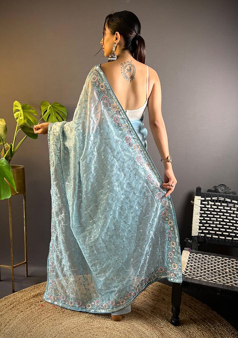 Grey Sequin Work Net Saree Set
