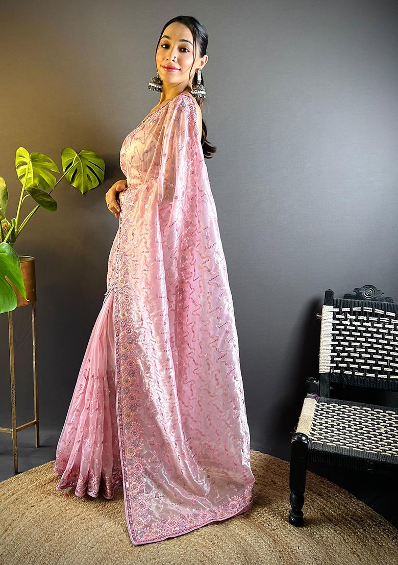 Pink Sequin Work Net Saree Set