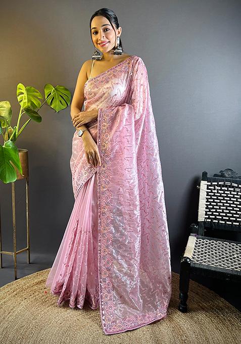 Pink Sequin Work Net Saree Set