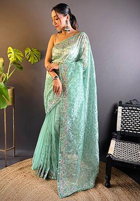 Sea Green Sequin Work Net Saree Set