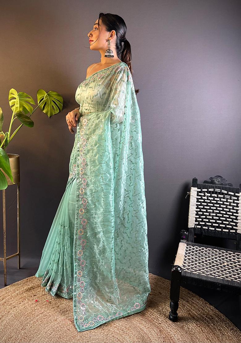 Sea Green Sequin Work Net Saree Set