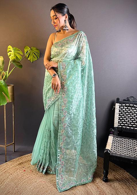 Sea Green Sequin Work Net Saree Set