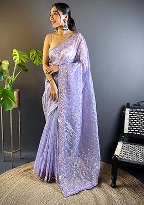 Purple Sequin Work Net Saree Set
