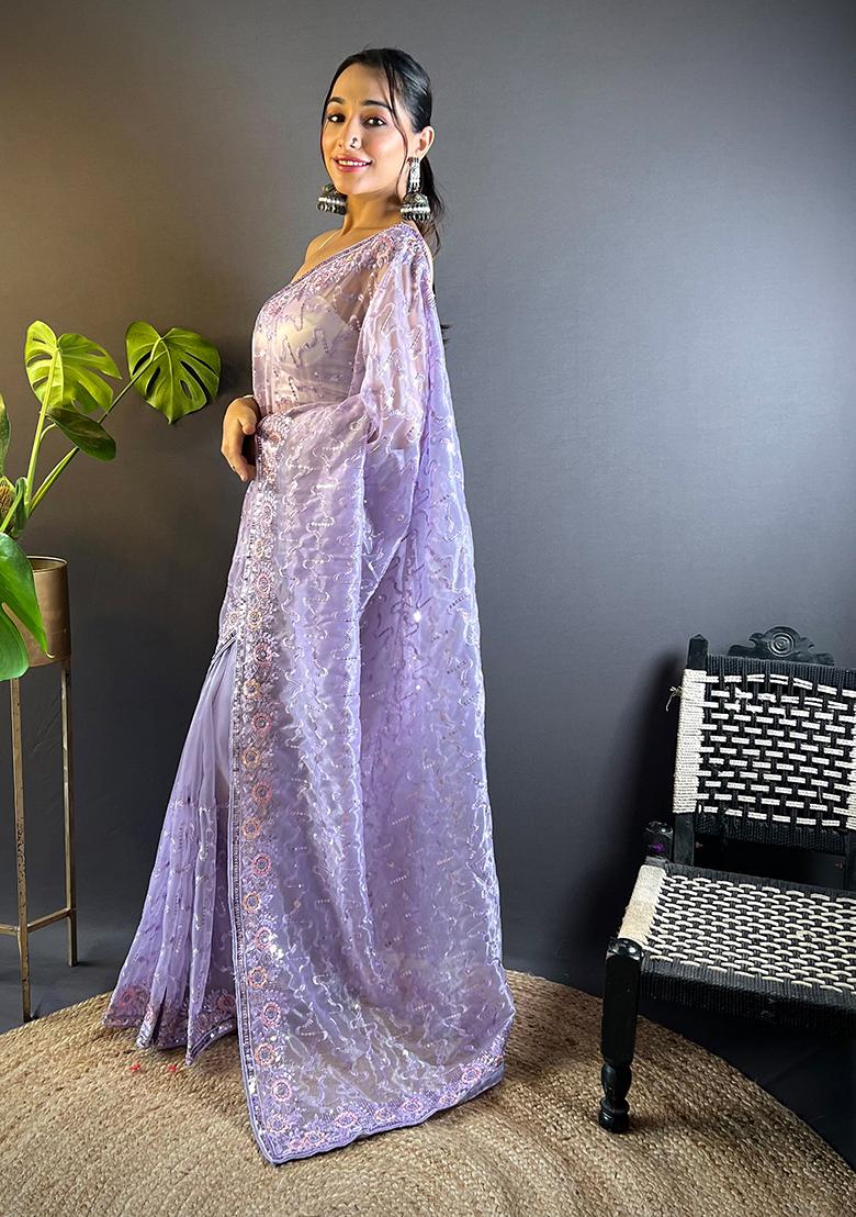 Purple Sequin Work Net Saree Set