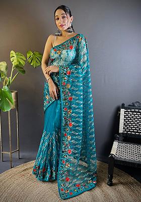 Green Embroidered Net Saree Set