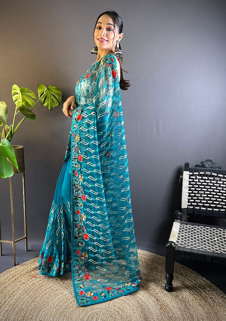 Green Embroidered Net Saree Set