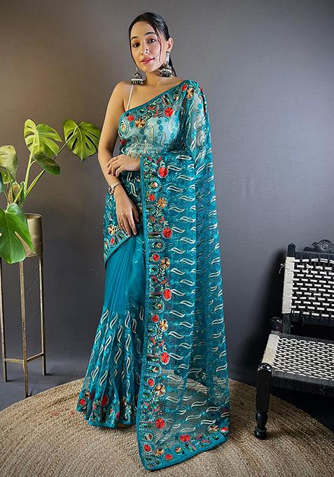 Green Embroidered Net Saree Set