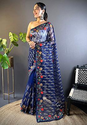 Blue Embroidered Net Saree Set