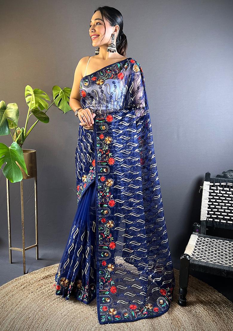 Blue Embroidered Net Saree Set