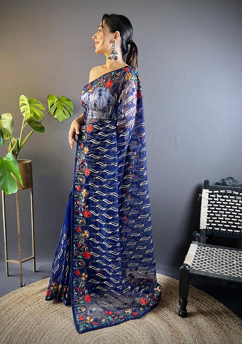 Blue Embroidered Net Saree Set