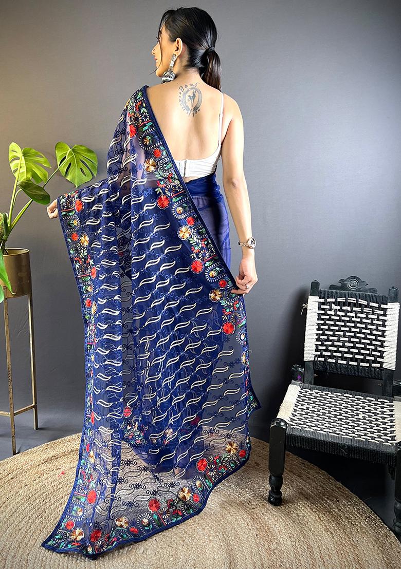 Blue Embroidered Net Saree Set