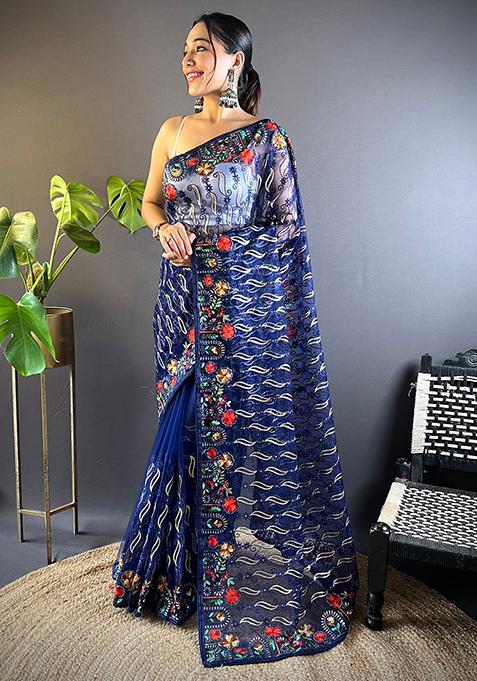 Blue Embroidered Net Saree Set