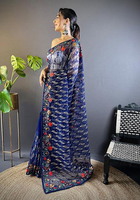 Blue Embroidered Net Saree Set