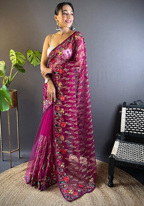 Magenta Embroidered Net Saree Set