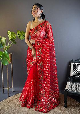 Red Embroidered Net Saree Set