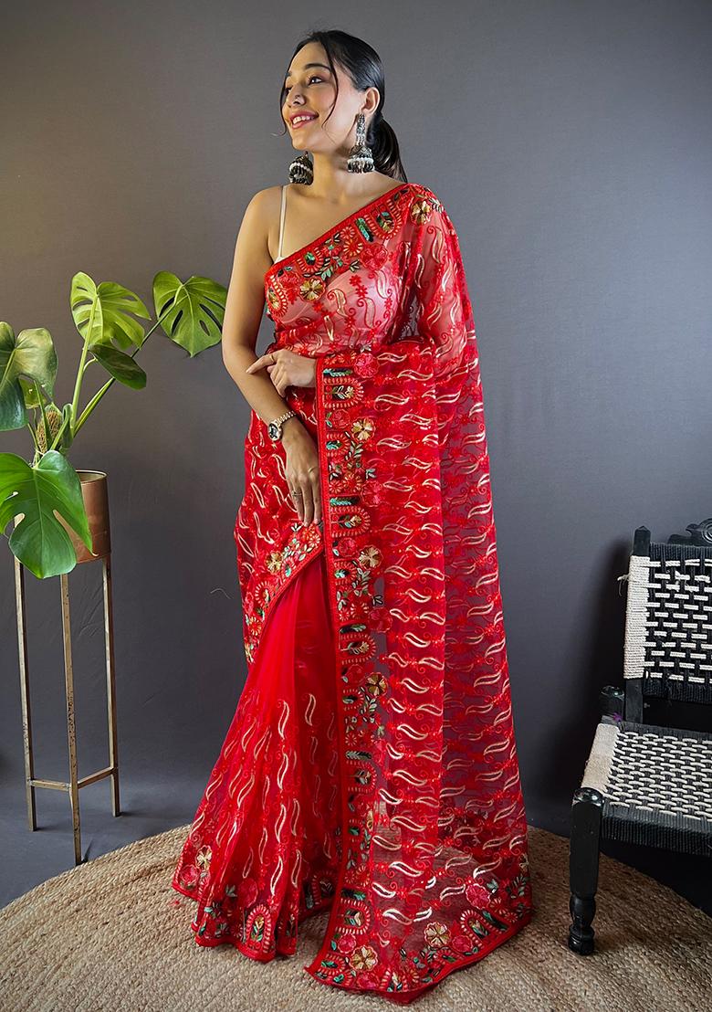 Red Embroidered Net Saree Set