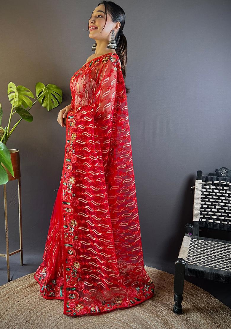 Red Embroidered Net Saree Set