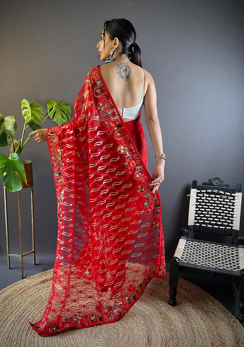 Red Embroidered Net Saree Set