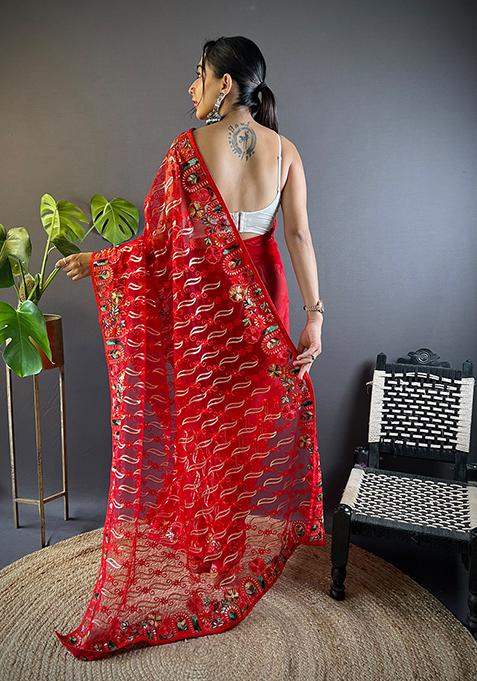 Red Embroidered Net Saree Set