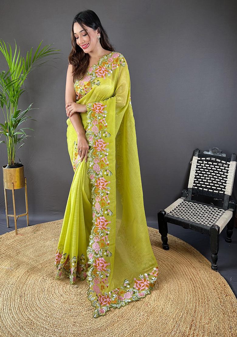 Green Embroidered Art Silk Saree Set