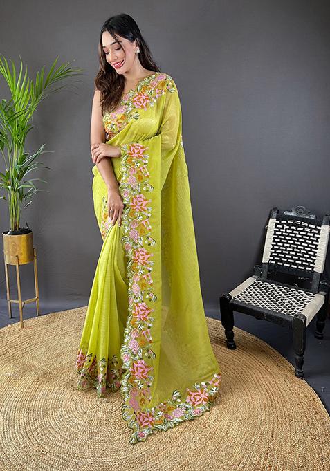 Green Embroidered Art Silk Saree Set