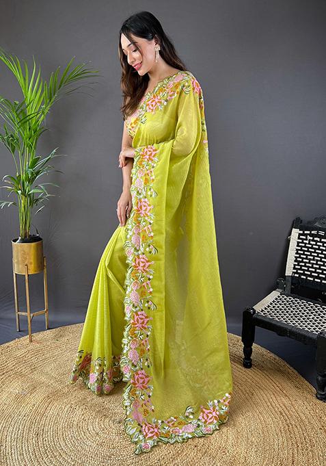 Green Embroidered Art Silk Saree Set