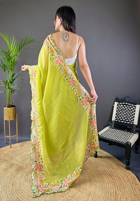 Green Embroidered Art Silk Saree Set