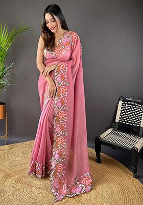 Pink Embroidered Art Silk Saree Set