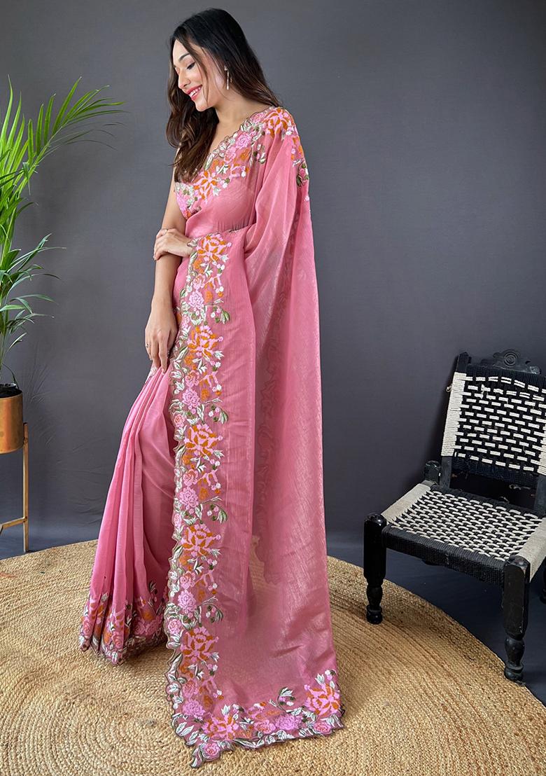 Pink Embroidered Art Silk Saree Set