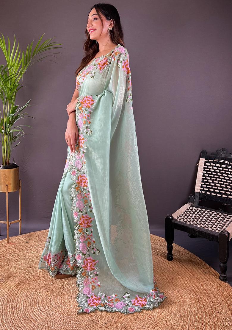 Green Embroidered Art Silk Saree Set