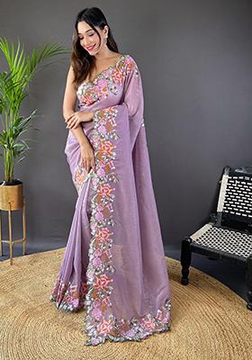 Purple Embroidered Art Silk Saree Set