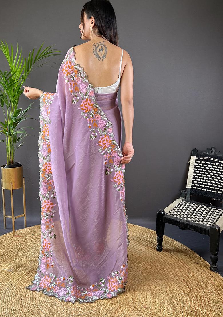 Purple Embroidered Art Silk Saree Set