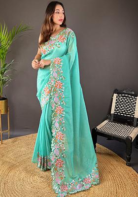 Sea Green Embroidered Art Silk Saree Set