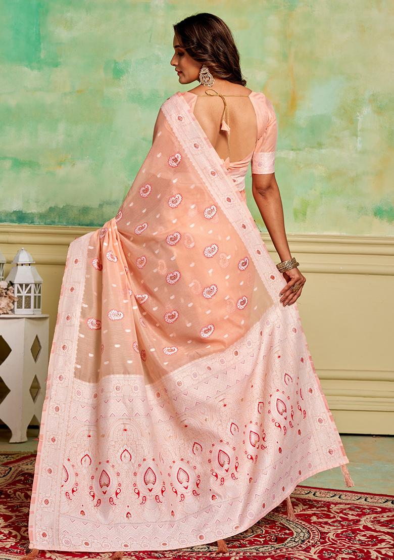 Peach Zari Woven Cotton Saree Set