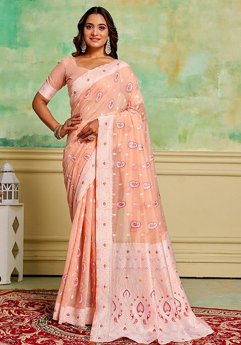 Peach Zari Woven Cotton Saree Set