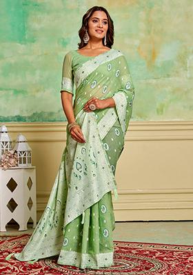 Green Zari Woven Cotton Saree Set
