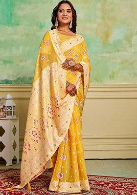 Yellow Zari Woven Cotton Saree Set