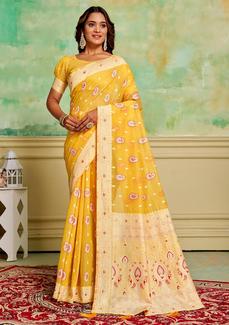 Yellow Zari Woven Cotton Saree Set