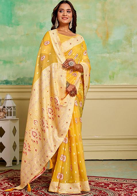 Yellow Zari Woven Cotton Saree Set