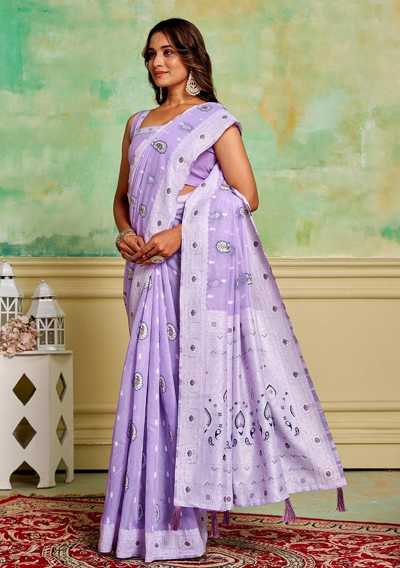 Lavender Zari Woven Cotton Saree Set