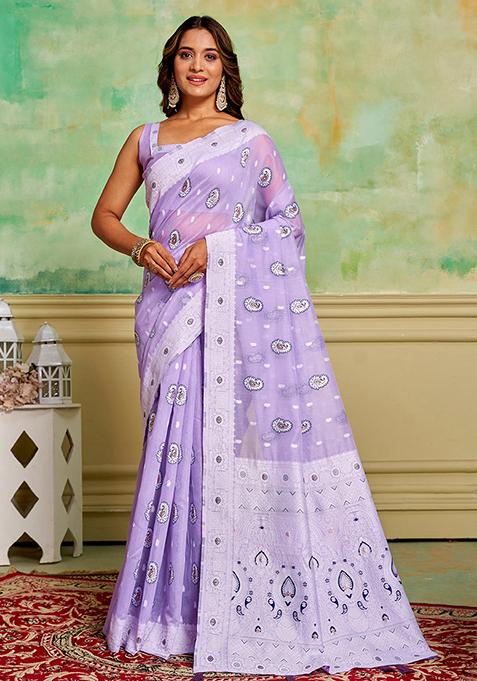 Lavender Zari Woven Cotton Saree Set
